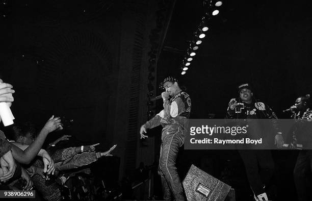 Rappers Ice-T and Afrika Islam iperforms at the Riviera Theatre in Chicago, Illinois in January 1989.