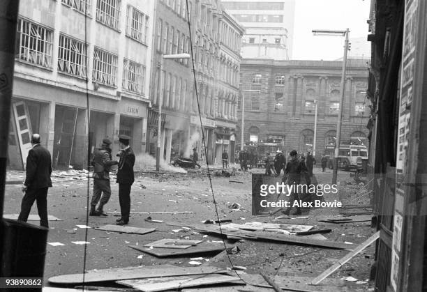 The aftermath of a car bombing on Donegal Street, Belfast, 14th April 1972. On this day the Provisional Irish Republican Army exploded twenty-four...