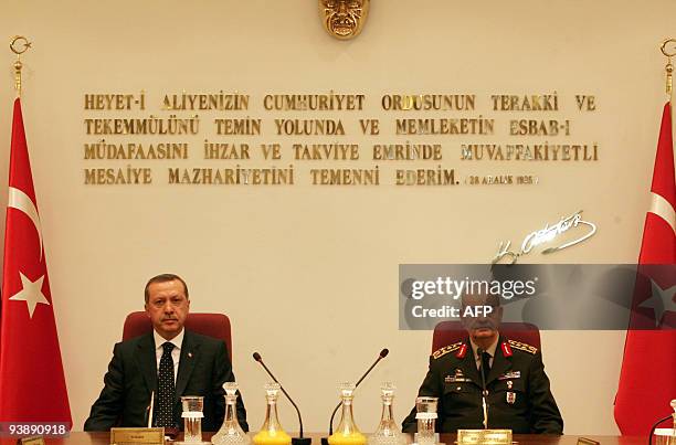 Turkish Prime Minister Recep Tayyip Erdogan and Turkey�s Chief of Staff General Ilker Basbug attend a meeting of the High Military Council with top...
