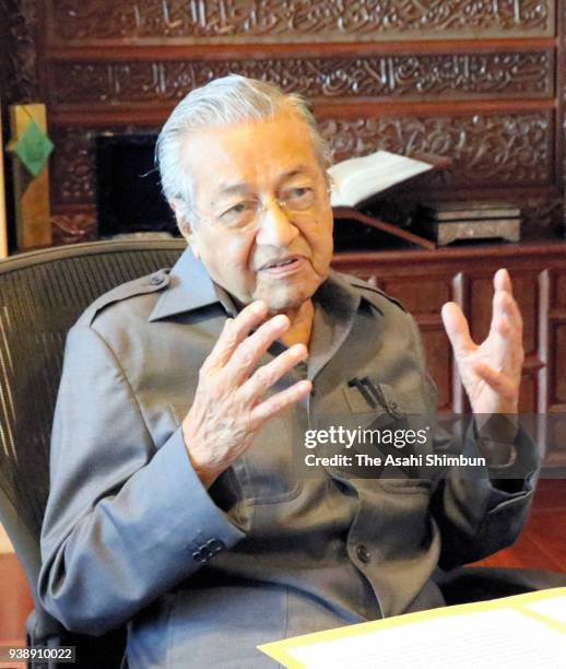 Former Malaysian Prime Minister Mahathir Mohamad speaks during the Asahi Shimbun interview on March 26, 2018 in Putrajaya, Malaysia.