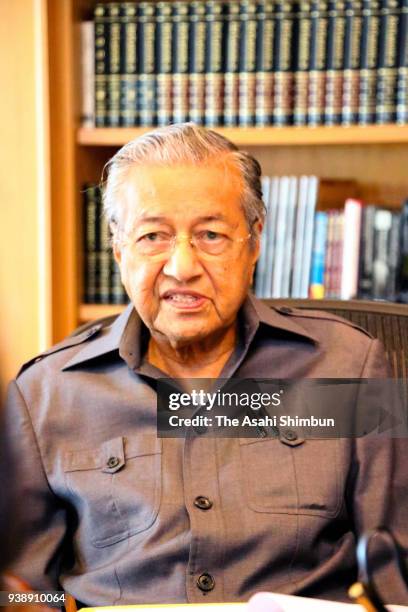 Former Malaysian Prime Minister Mahathir Mohamad speaks during the Asahi Shimbun interview on March 26, 2018 in Putrajaya, Malaysia.