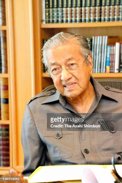 Former Malaysian Prime Minister Mahathir Mohamad speaks during the Asahi Shimbun interview on March 26, 2018 in Putrajaya, Malaysia.