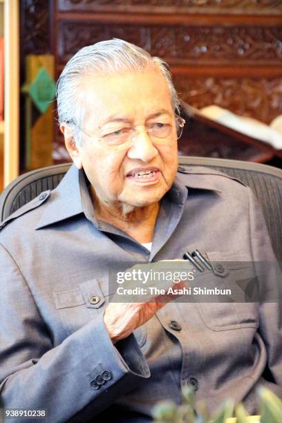 Former Malaysian Prime Minister Mahathir Mohamad speaks during the Asahi Shimbun interview on March 26, 2018 in Putrajaya, Malaysia.