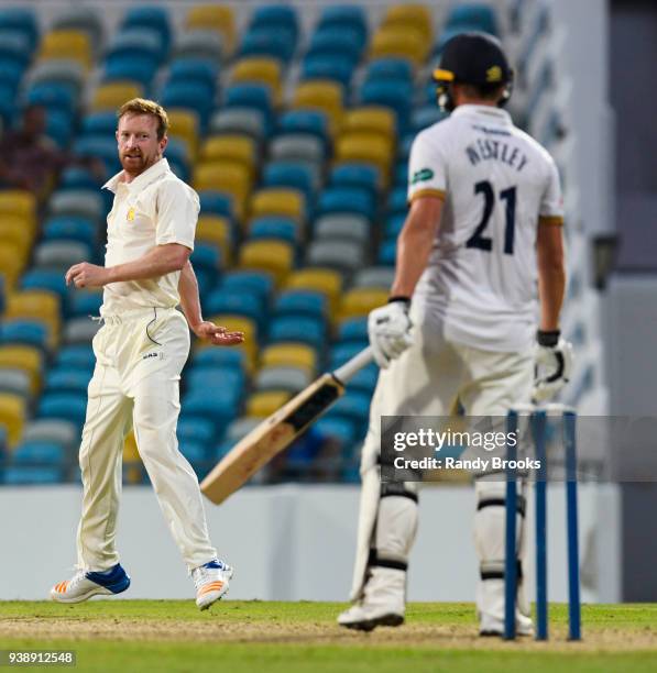 Paul Collingwood of MCC celebrates the dismissal of Tom Westley of Essex during Day One of the MCC Champion County Match, MCC v ESSEX on March 27,...