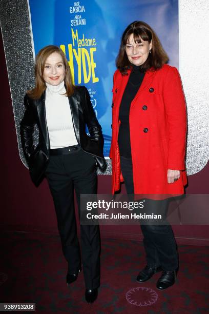 French actress Isabelle Huppert and Patricia Barzyk attend "Madame Hyde" Paris Premiere at Gaumont Opera Capucines on March 27, 2018 in Paris, France.