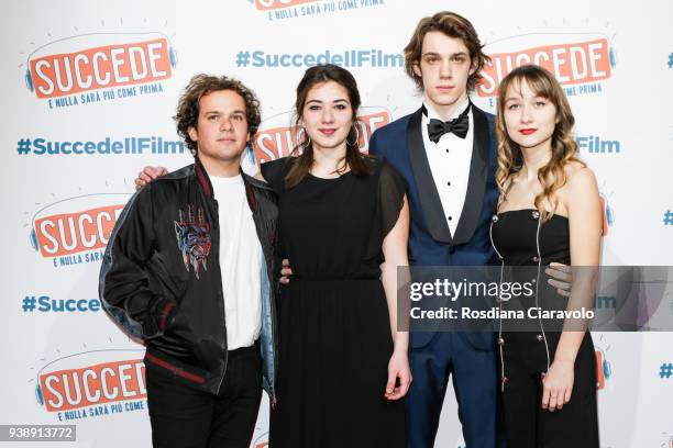 Brando Pacitto, Margherita Morchio, Matteo Oscar Giuggioli and Matilde Passera attend 'Succede' photocall on March 27, 2018 in Milan, Italy.