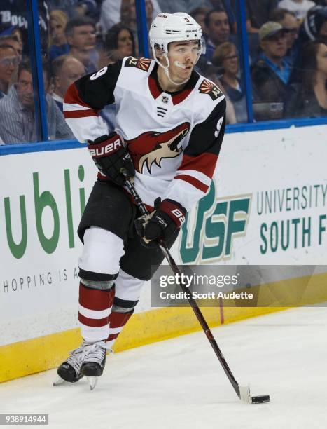 Clayton Keller of the Arizona Coyotes skates against the Tampa Bay Lightning at Amalie Arena on March 26, 2018 in Tampa, Florida. "n