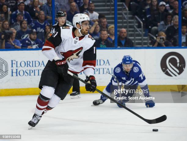 Brendan Perlini of the Arizona Coyotes skates against the Tampa Bay Lightning at Amalie Arena on March 26, 2018 in Tampa, Florida. "n