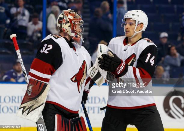 Goalie Antti Raanta and Richard Panik of the Arizona Coyotes celebrate the win against the Tampa Bay Lightning at Amalie Arena on March 26, 2018 in...