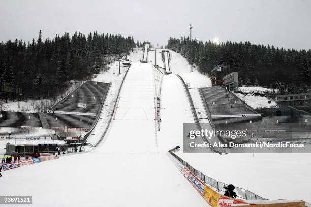 General view of the ski jumping hill during the Provisional Round in Nordic Combined during the FIS World Cup on December 4, 2009 in Lillehammer,...