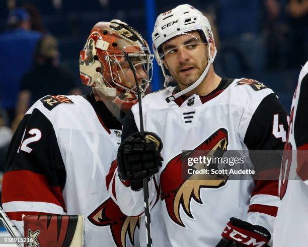 Goalie Antti Raanta and Jordan Martinook of the Arizona Coyotes celebrate the win against the Tampa Bay Lightning at Amalie Arena on March 26, 2018...