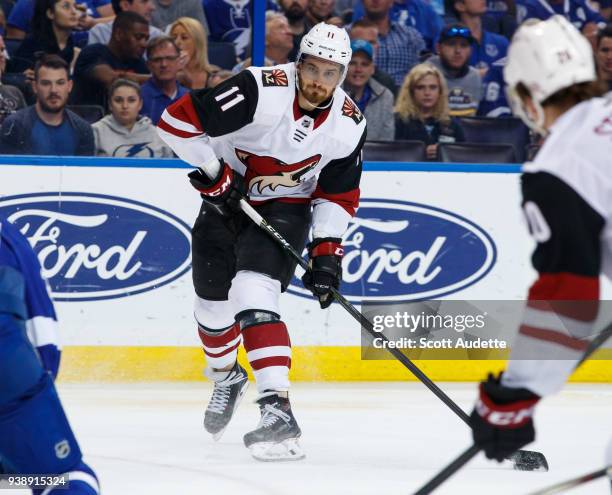 Brendan Perlini of the Arizona Coyotes skates against the Tampa Bay Lightning at Amalie Arena on March 26, 2018 in Tampa, Florida. "n