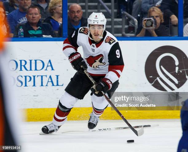 Clayton Keller of the Arizona Coyotes skates against the Tampa Bay Lightning at Amalie Arena on March 26, 2018 in Tampa, Florida. "n