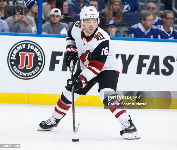 Max Domi of the Arizona Coyotes skates against the Tampa Bay Lightning at Amalie Arena on March 26, 2018 in Tampa, Florida. "n