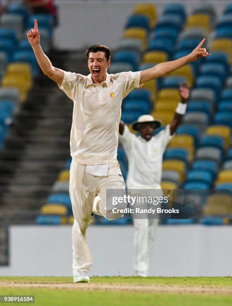 Matt Fisher of MCC celebrates the dismissal of Ryan Ten Doeschate of Essex during Day One of the MCC Champion County Match, MCC v ESSEX on March 27,...