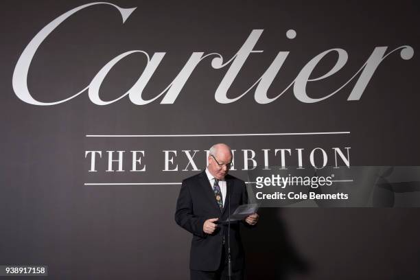 Gerard Vaughan, NGA Director speaks at the Cartier: The Exhibition Media Preview at the National Gallery of Australia on March 28, 2018 in Canberra,...