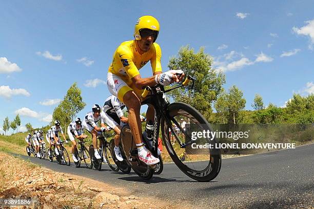 Danish cycling team Team Saxo Bank 's rider Fabian Cancellara of Switzerland rides ahead of teammates onJuly 7, 2009 in the 39 km team time-trial and...