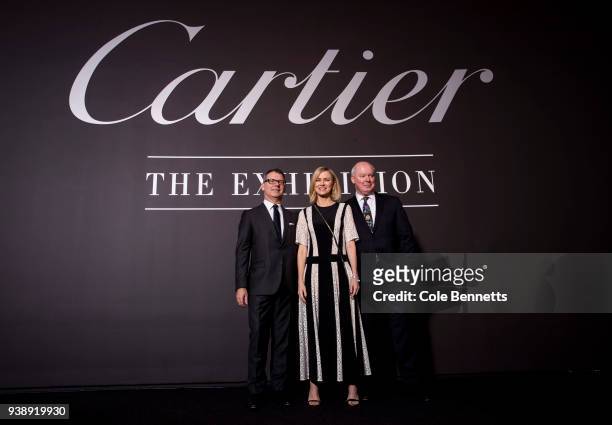 Pierre Rainero of Cartier, Naomi Watts and Gerard Vaughan, NGA Director Pose for a photograph at the Cartier: The Exhibition Media Preview at the...