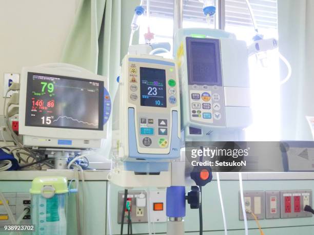 after subarachnoid haemorrhage surgery. medical equipment in a intensive care unit. - unconscious stock pictures, royalty-free photos & images