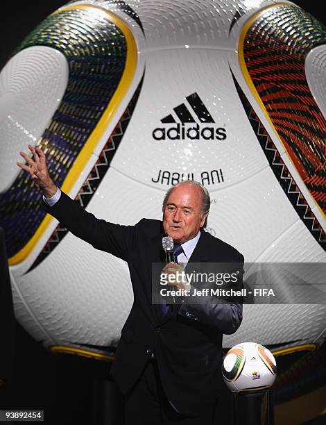 President Joseph S Blatter attends the Official hand over of the 210 FIFA World Cup match ball at the Waterfront studios on December 4, 2009 in Cape...