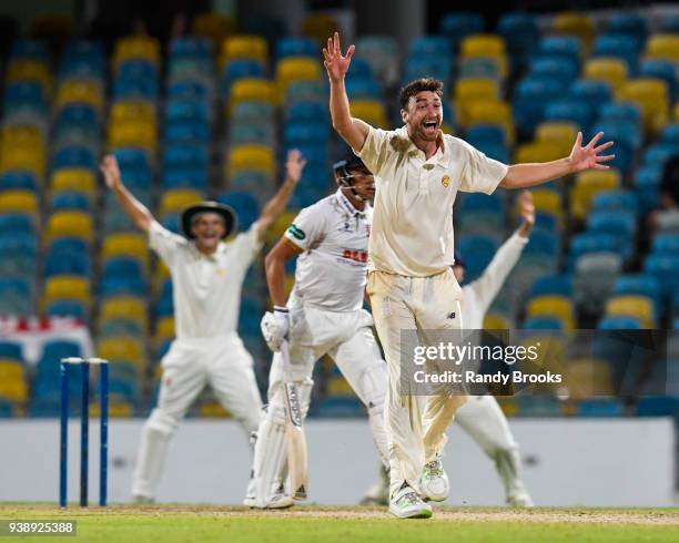 Richard Gleeson of MCC dismiss Aaron Beard of Essex during Day One of the MCC Champion County Match, MCC v ESSEX on March 27, 2018 in Bridgetown,...