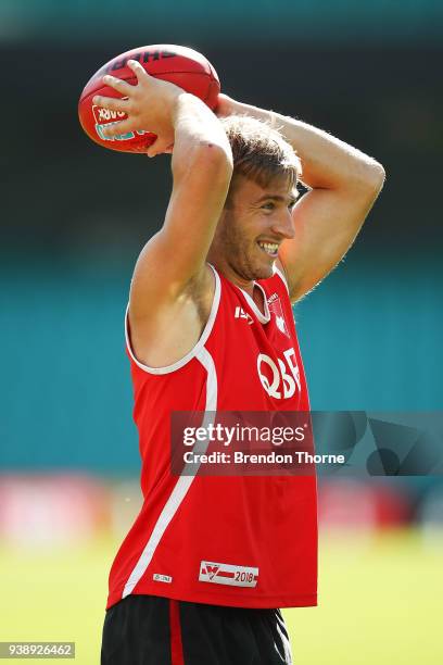 Kieren Jack of the Swans prepares to throw a ball during a Sydney Swans AFL training session at SCG on March 28, 2018 in Sydney, Australia.