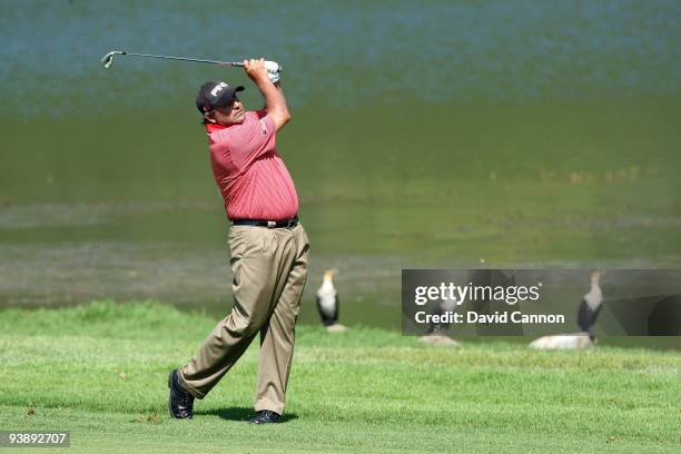 Angel Cabrera of Argentina plays his second shot at the 17th hole during the second round of the Nedbank Golf Challenge at the Gary Player Country...