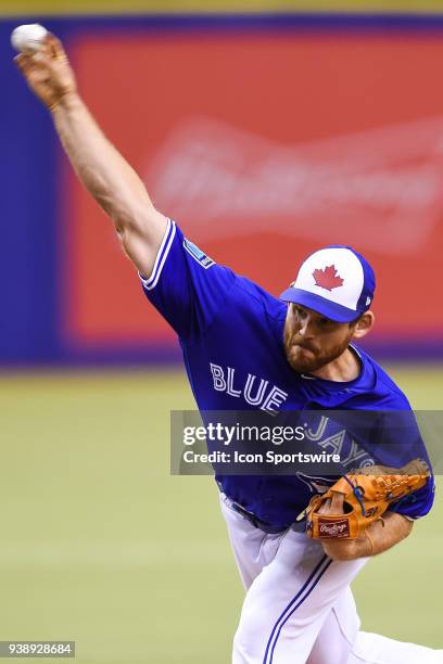 Toronto Blue Jays pitcher Joe Biagini pitches the ball during the St. Louis Cardinals versus the Toronto Blue Jays spring training game on March 27...