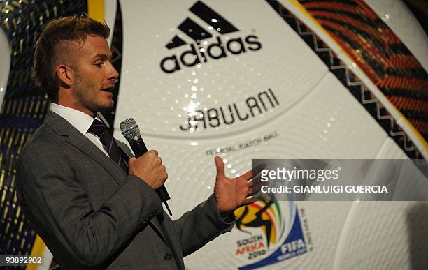 England international David Beckham speaks during the handover event of the official Adidas match ball for the 2010 World Cup called 'Jabulani'. AFP...