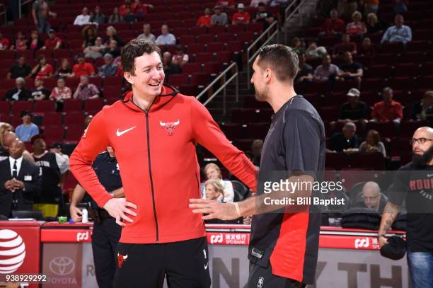 Omer Asik of the Chicago Bulls and Ryan Anderson of the Houston Rockets are seen before the game on March 27, 2018 at the Toyota Center in Houston,...