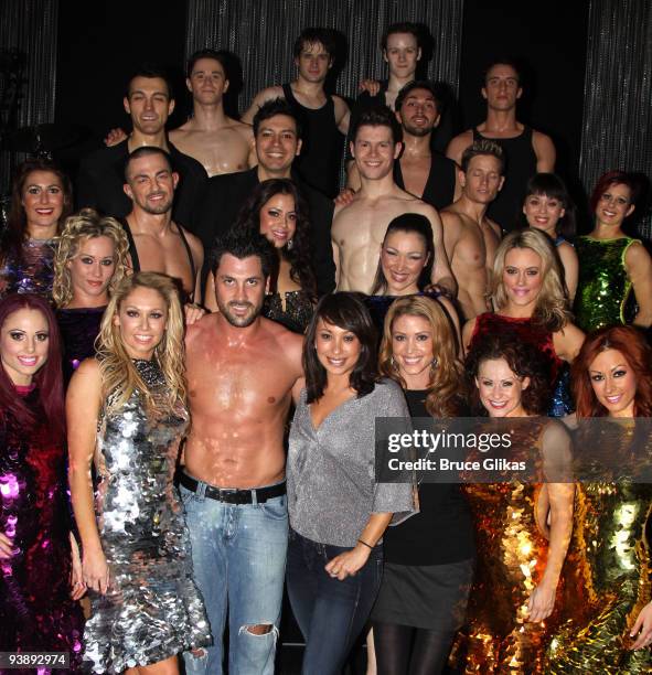 Kym Johnson, Maksim Chmerkovskiy, Cheryl Burke and Shannon Elizabeth pose with the cast backstage at the hit dance sensation "Burn The Floor" on...