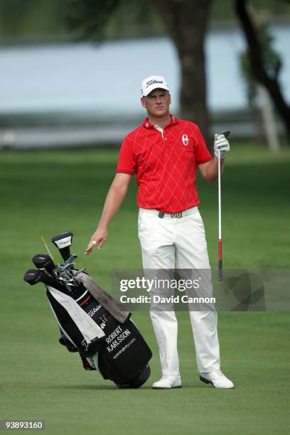 Robert Karlsson of Sweden plays his fourth shot at the 17th hole during the second round of the Nedbank Golf Challenge at the Gary Player Country...