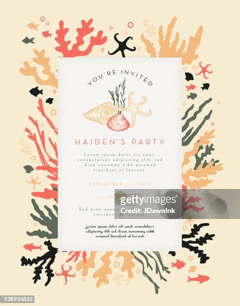 coral plants and fishes party invitation layout design template - undersea stock illustrations