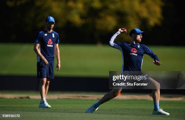 England bowler Mark Wood looks on as Jack Leach fields during England nets ahead of the second test match against the New Zealand Black Caps at...