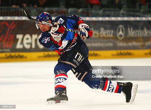 Pascal Trepanier of Adler in action during the Deutsche Eishockey Liga game between Adler Mannheim and Hannover Scorpions at SAP Arena on December 3,...