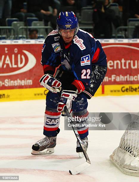 Colin Forbes of Adler in action during the Deutsche Eishockey Liga game between Adler Mannheim and Hannover Scorpions at SAP Arena on December 3,...