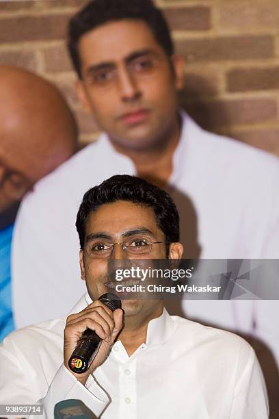 Indian actor Abhishek Bachchan adresses the media at the Paa press conference held at Taj Land's End on December 3, 2009 in Mumbai, India.