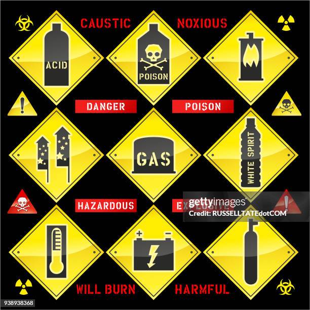 caustic hazardous explosive signs - caution radiation stock illustrations