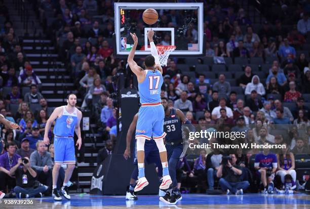 Garrett Temple of the Sacramento Kings shoots against the Detroit Pistons during an NBA basketball game at Golden 1 Center on March 19, 2018 in...