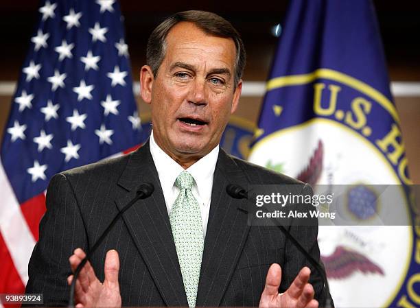 House Minority Leader John Boehner speaks during a news conference December 4, 2009 on Capitol Hill in Washington, DC. Boehner spoke on the nation's...