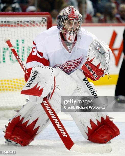 Jimmy Howard of the Detroit Red Wings watches play during the NHL game against the Montreal Canadiens on November 21, 2009 at the Bell Centre in...