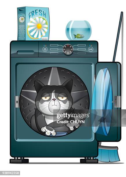 illustrations, cliparts, dessins animés et icônes de chat de blanchisserie - buanderie