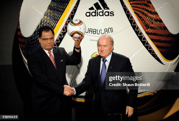 President Sepp Blatter and CEO of the South Africa 2010 Organizing Committee Danny Jordaan present the official match ball for the FIFA World Cup...