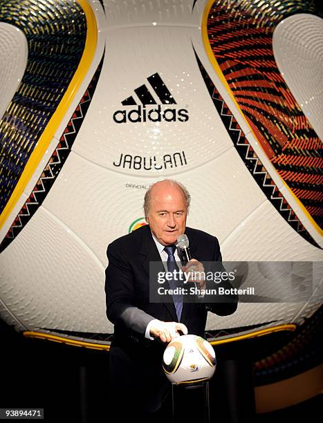 President Sepp Blatter presents the official match ball for the FIFA World Cup 2010 on December 4, 2009 in Cape Town, South Africa.