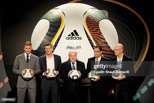 David Beckham, Adidas CEO Herbert Hainer, FIFA President Sepp Blatter, CEO of South Africa 2010 Danny Jordaan and Franz Beckenbauer present the...