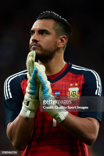 Sergio Romero of Argentina looks on prior to the International Friendly match between Spain and Argentina at Wanda Metropolitano Stadium on March 27,...