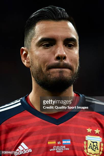 Sergio Romero of Argentina looks on prior to the International Friendly match between Spain and Argentina at Wanda Metropolitano Stadium on March 27,...
