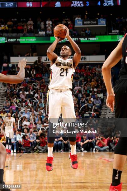 Darius Miller of the New Orleans Pelicans shoots the ball during the game against the Portland Trail Blazers on March 27, 2018 at the Smoothie King...