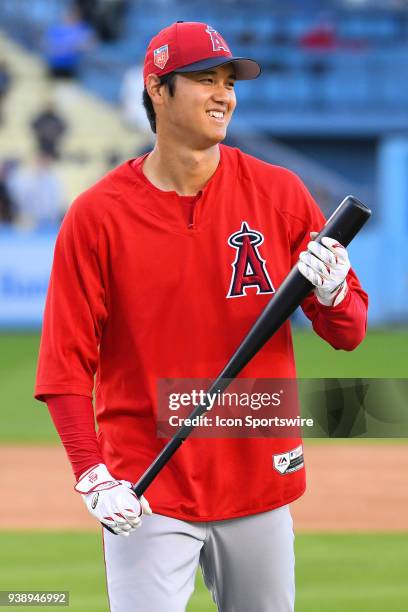 Los Angeles Angels of Anaheim pitcher/designated hitter Shohei Ohtani looks on before an exhibition MLB game between the Los Angeles Angels of...