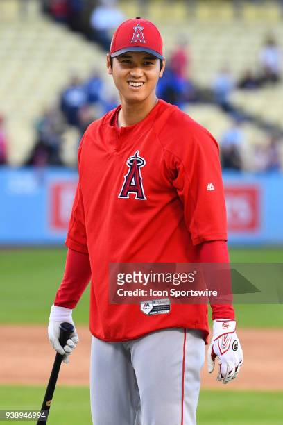 Los Angeles Angels of Anaheim pitcher/designated hitter Shohei Ohtani looks on before an exhibition MLB game between the Los Angeles Angels of...
